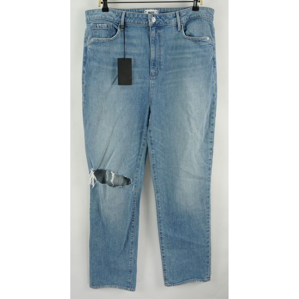New Paige Stella High Rise Modern Straight Leg Jeans Women's 34 x 31" Blue Torn